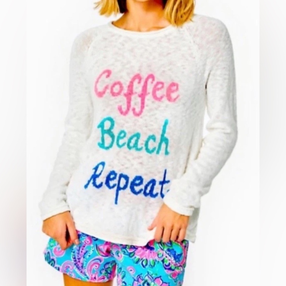 Lilly Pulitzer Danette Sweater Sz M Resort White Coffee Beach Repeat Intarsia